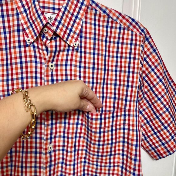 Peter Millar Red Blue & White Plaid Short Sleeve Button-Down Shirt Small Cotton - Picture 3 of 11